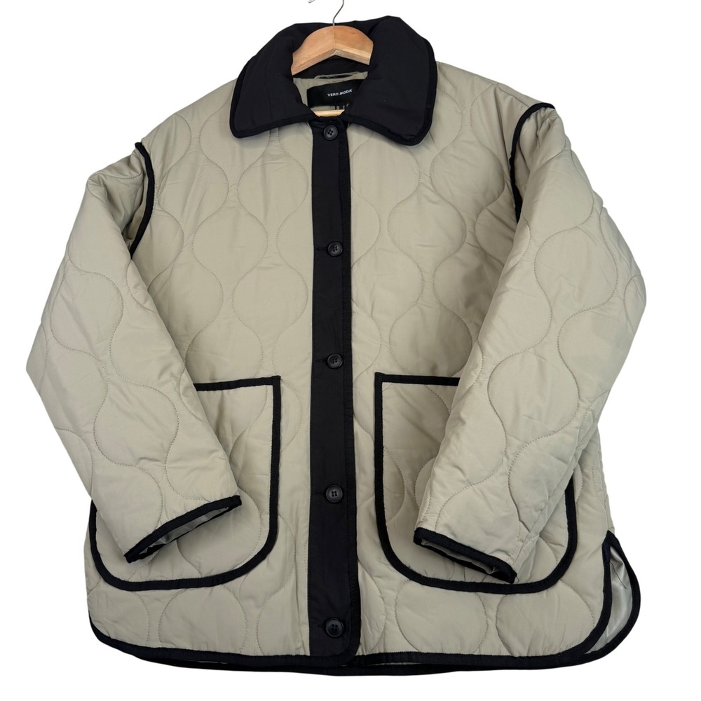 Vero Moda Quilted Barn Jacket Beige Black Contrast Trim Utility Heritage Small